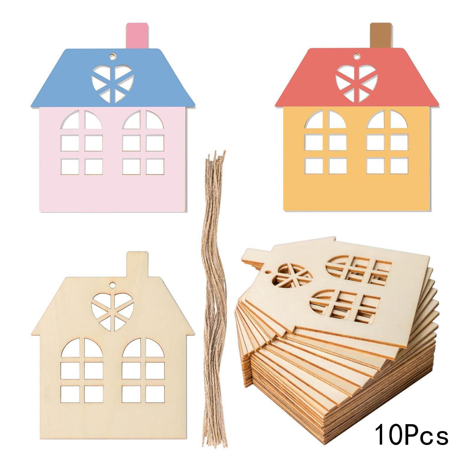 10x Wooden House Cutout Ornaments Blank with Rope for Scrapbook DIY Projects