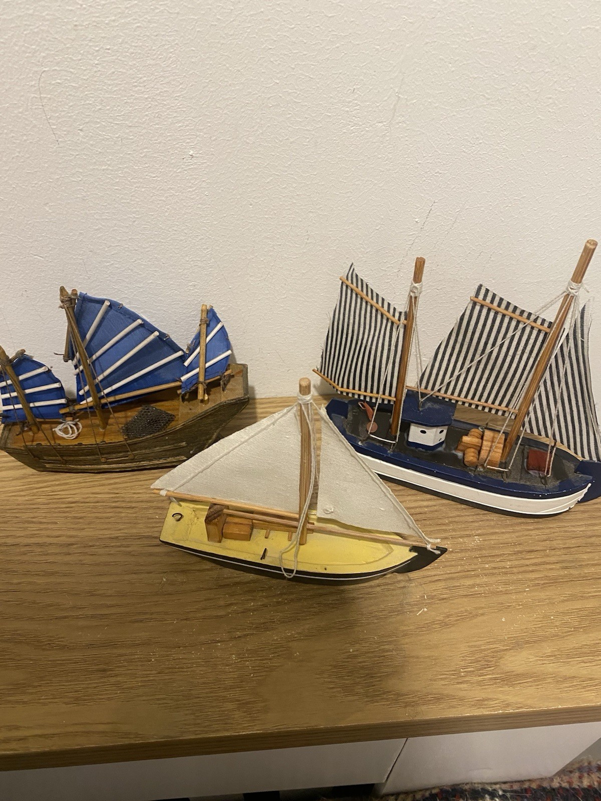 3 Nautical Sailing Boat Models Wooden Ornaments With Damage For Restoration