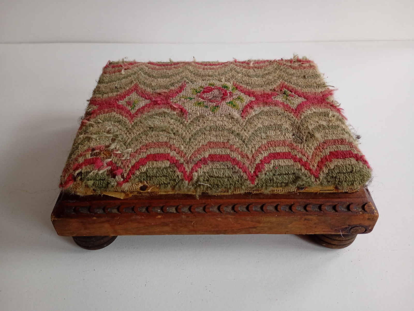 Vintage Carved Wooden Needlepoint Footstool for Restoration