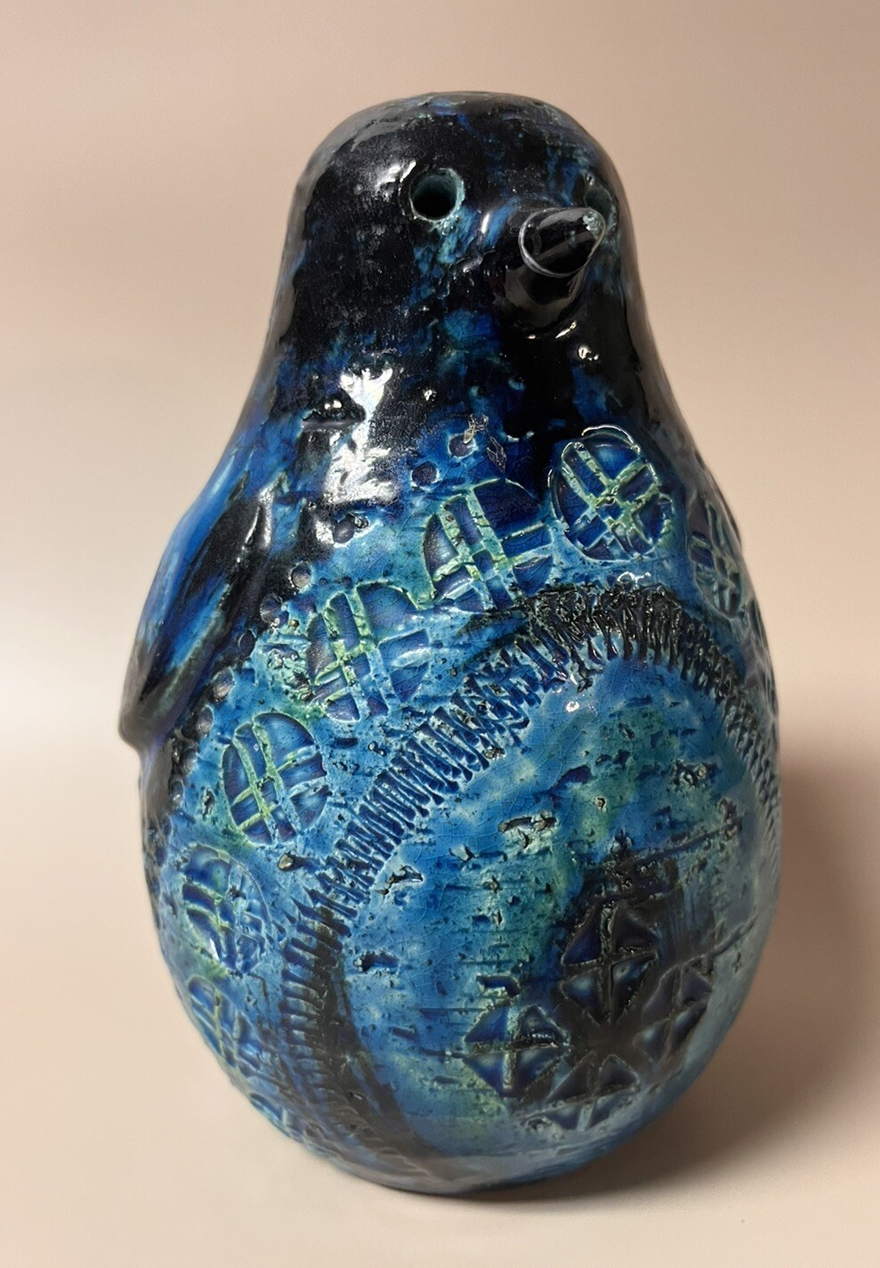 Vintage ALDO LONDI Mid-Century Modern BITOSSI Pottery Blue PENGUIN - Repaired
