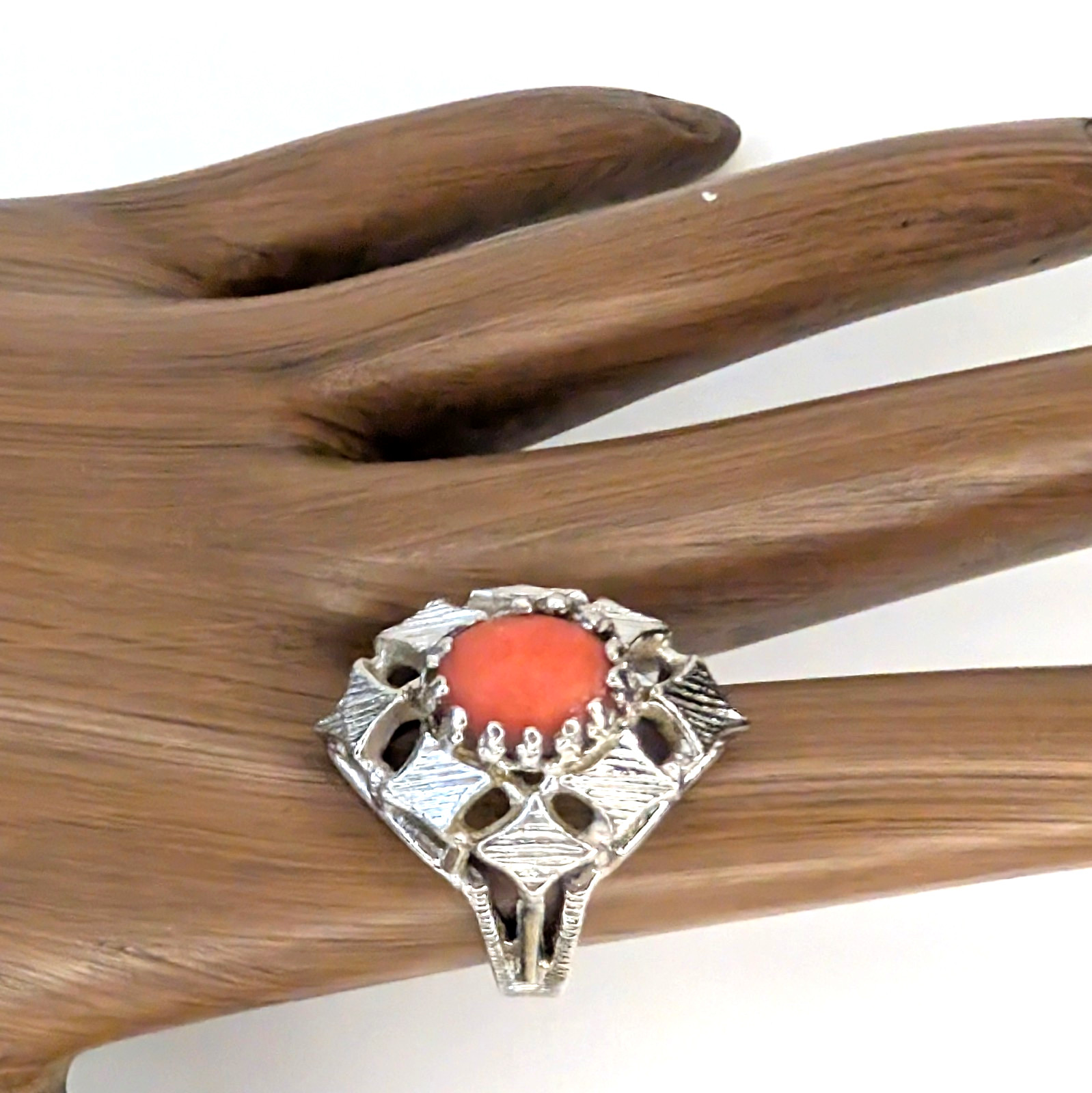 Mid-Century Modern Sterling Silver Ring Salmon Stone Brutalist – Needs Repair