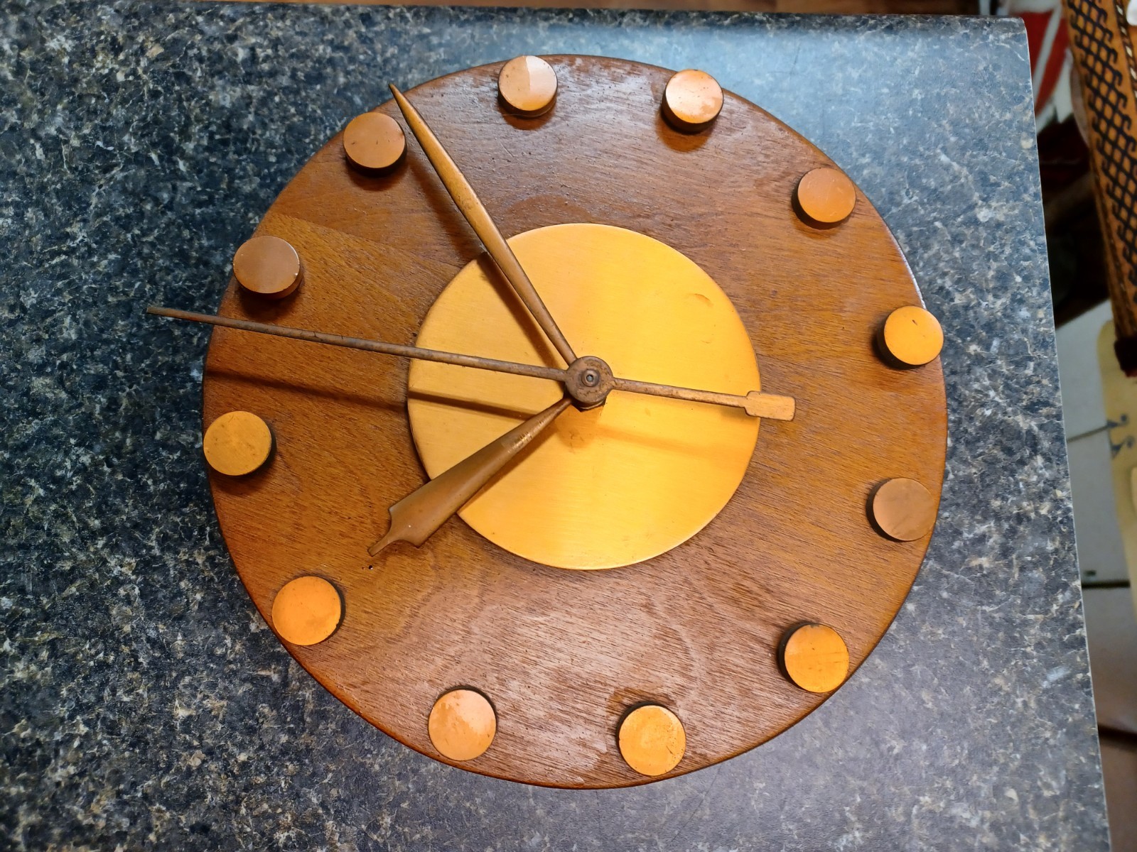 Vtg Lanshire Wall Clock Mid Century Modern Copper Finish Button Wood Part Repair