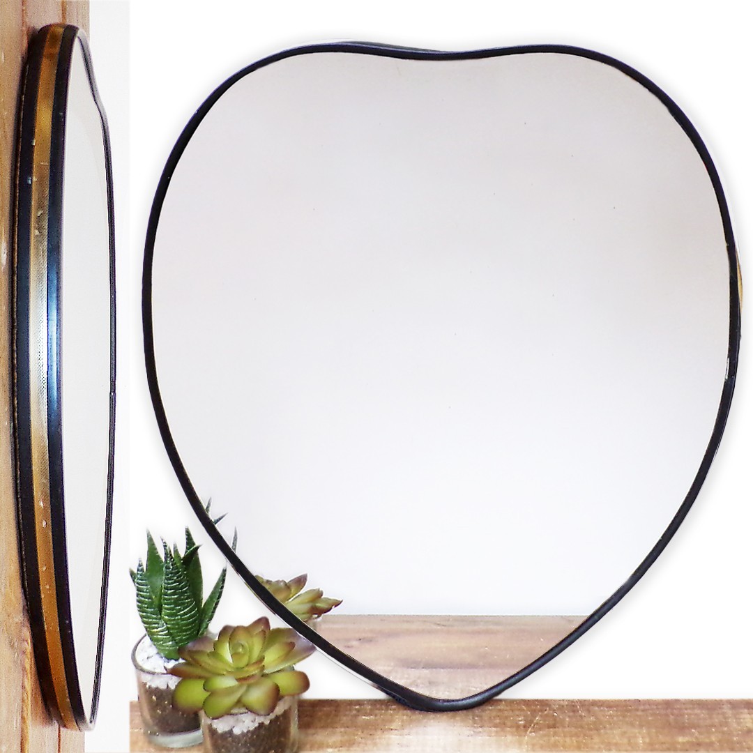 Vintage Mid Century Wall Mirror Small Heart Shaped Black Gold Metal Rim Repaired