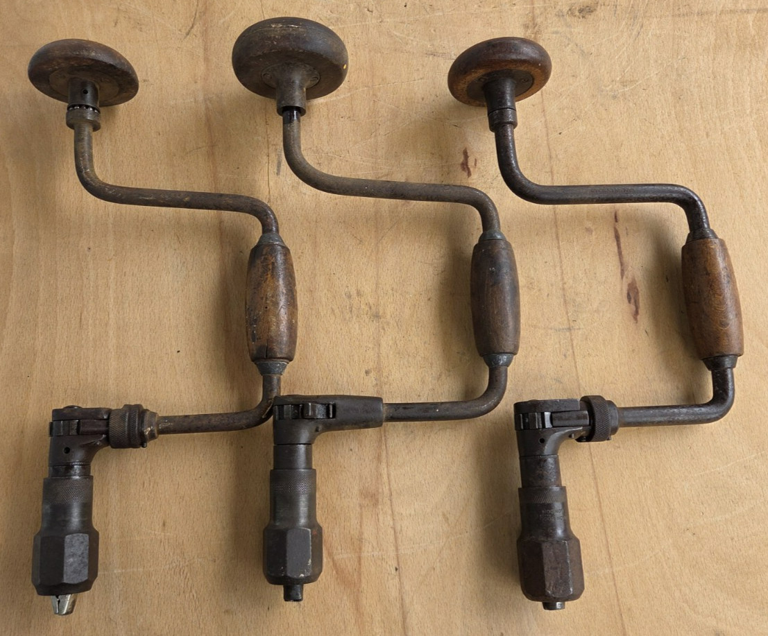 3 x Vintage Carpentry Hand Braces Drill Tools for Restoration