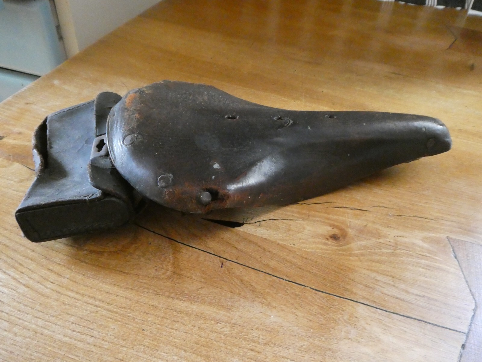 Vintage 1930's? Wrights Leather Bicycle Saddle with Tool Bag for Restoration